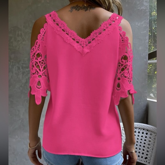 New!! Boho hot pink lace cold shoulder top - Picture 4 of 7